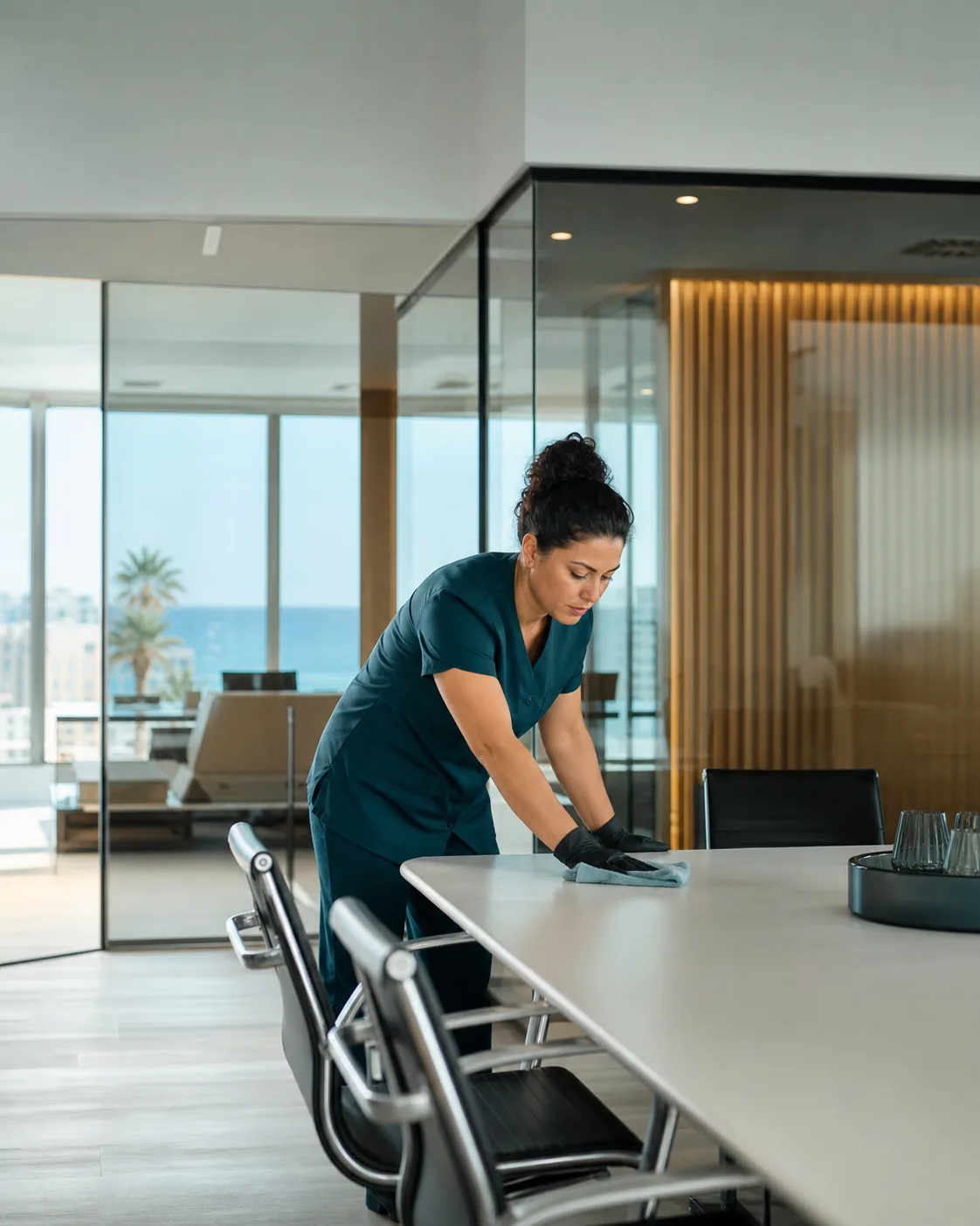 Limpieza de oficinas en Las Palmas: mesa de una sala de reuniones luminosa Limpieza de oficinas en Las Palmas: mesa de una sala de reuniones luminosa